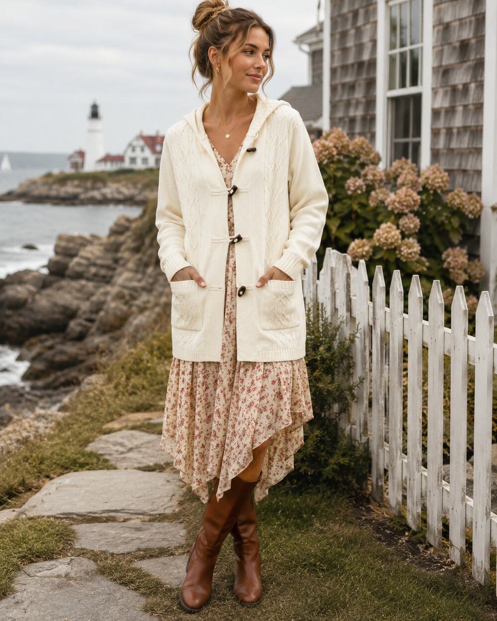 Karen Scott Hooded Cable Knit Toggle Cardigan Sweater Cream Size S